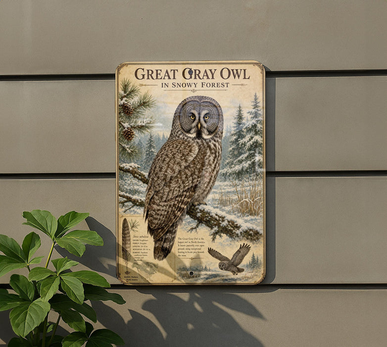 A metal sign featuring a detailed illustration of a Great Gray Owl in a snowy forest, with text describing the bird's habitat and characteristics.