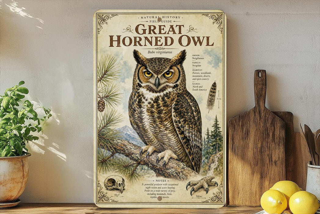 a framed illustration of a great horned owl perched on a tree branch, surrounded by pine needles and other natural elements.