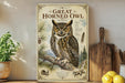 a framed illustration of a great horned owl perched on a tree branch, surrounded by pine needles and other natural elements.