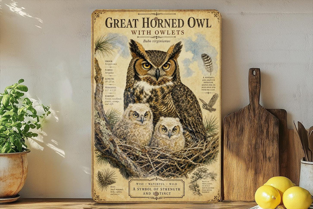 A framed poster of a great horned owl with its young nestled in a tree, accompanied by text and illustrations, is displayed on a shelf next to a wooden cutting board and a potted plant.
