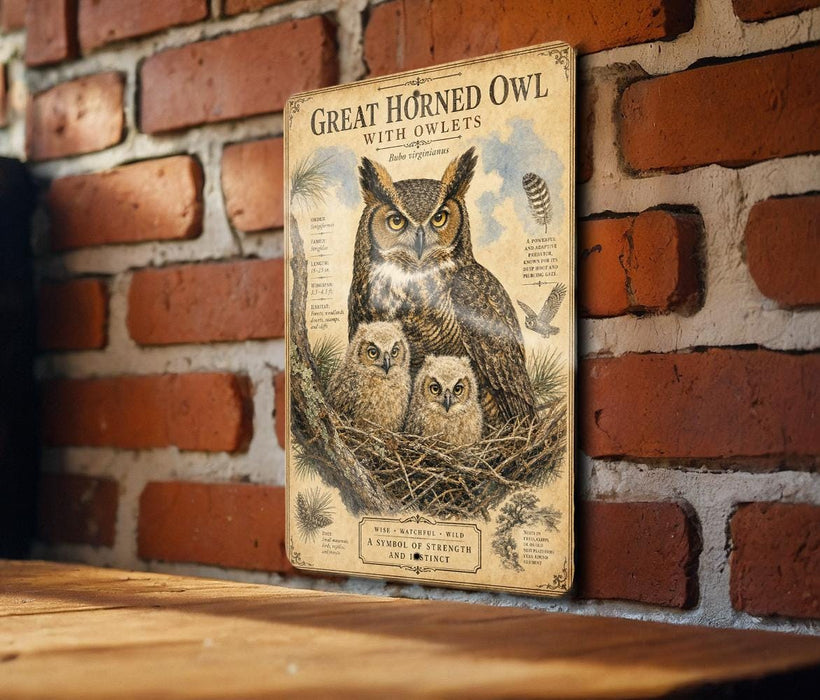 a vintage-style poster of a great horned owl with its young nestled in a tree, mounted on a brick wall.