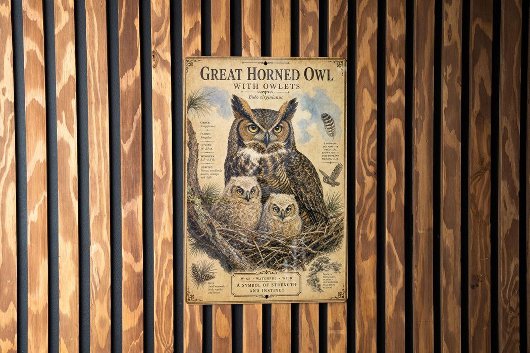 A poster of a great horned owl with its young nestled in a tree, displayed on a wooden wall.