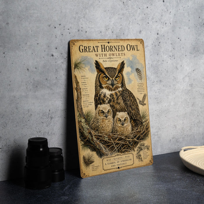 a vintage-style poster or sign with an illustration of a great horned owl and its young nestled in a tree.