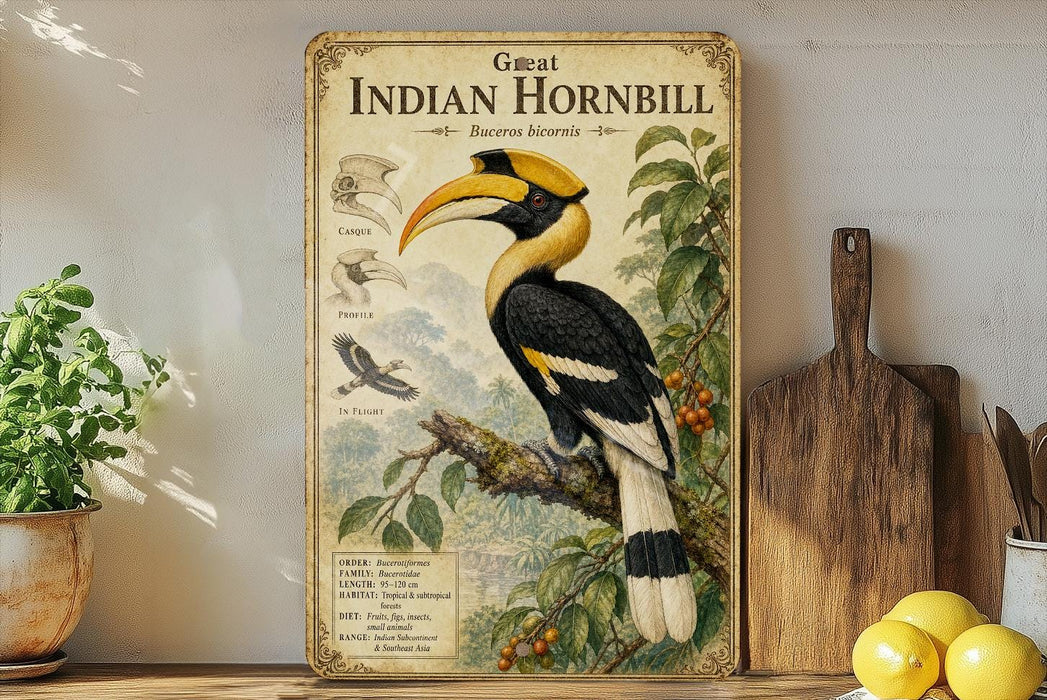 a vintage-style poster of a hornbill bird, with illustrations and text providing information about the species.