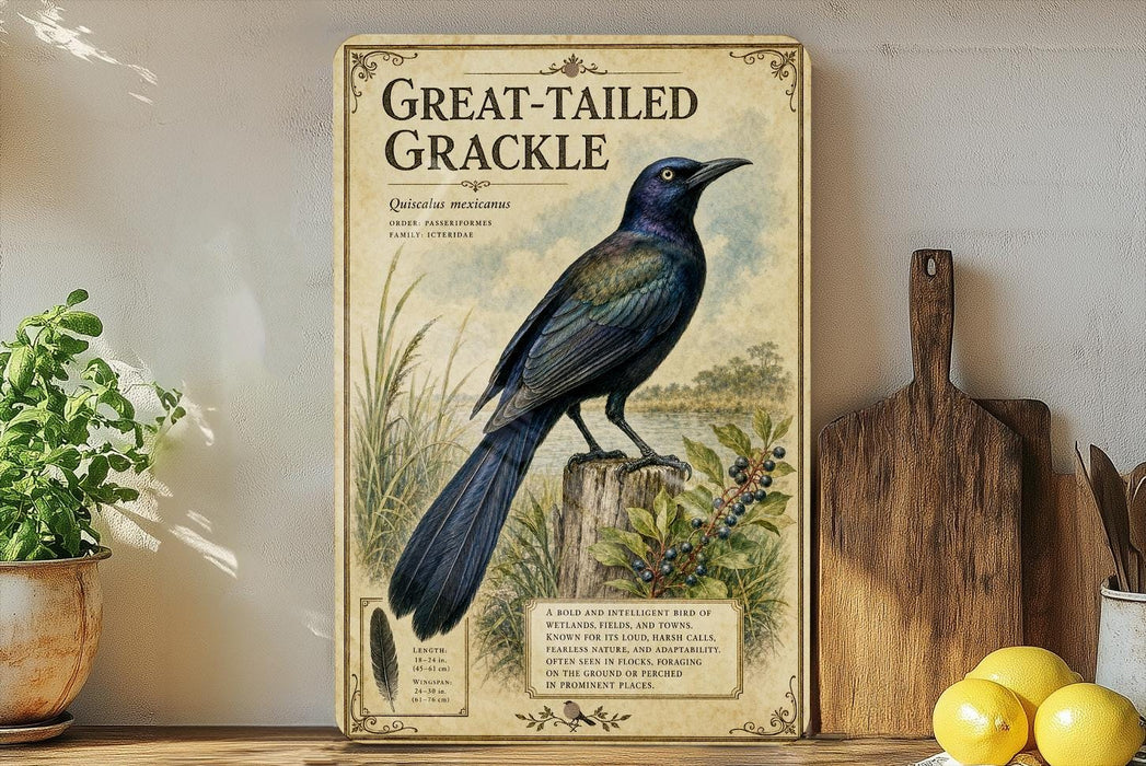 a framed illustration of a Great-tailed Grackle, a bird with a blue and black plumage, perched on a tree stump. The bird is surrounded by lush greenery, and the image is set against a rustic wooden background.