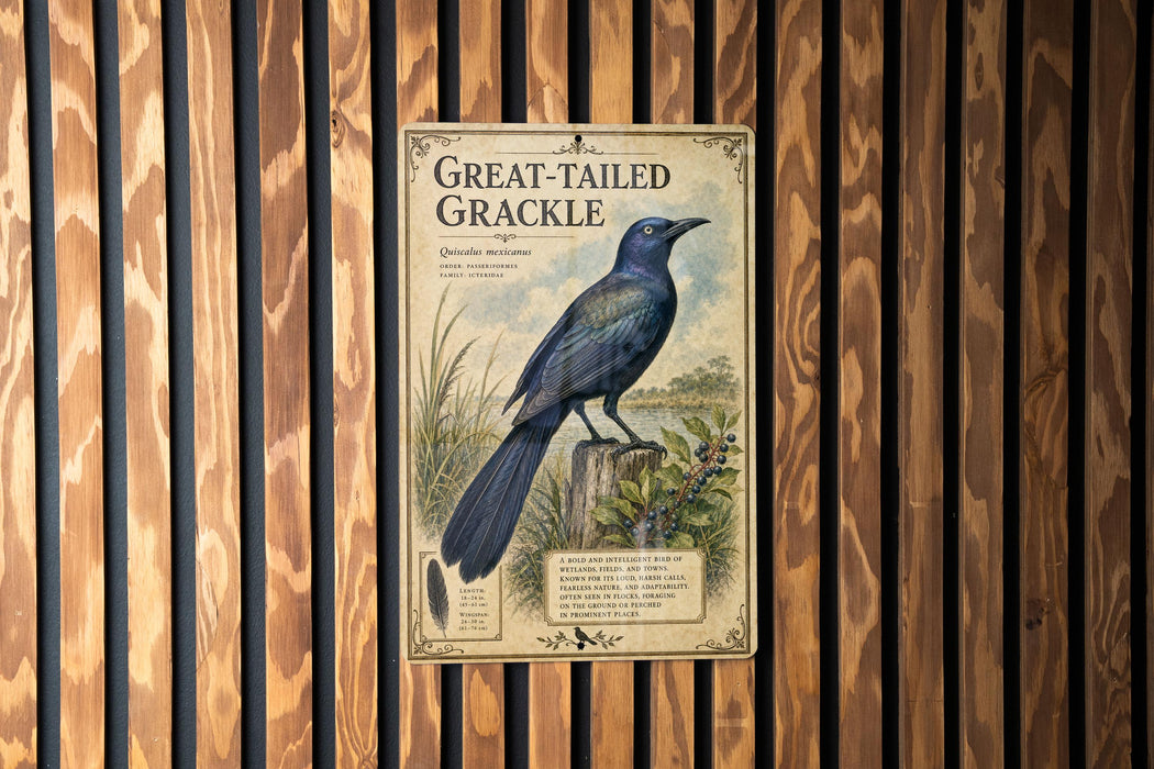 A vintage-style poster of a Great-tailed Grackle, a bird with a blue body and black tail, is displayed on a wooden wall.
