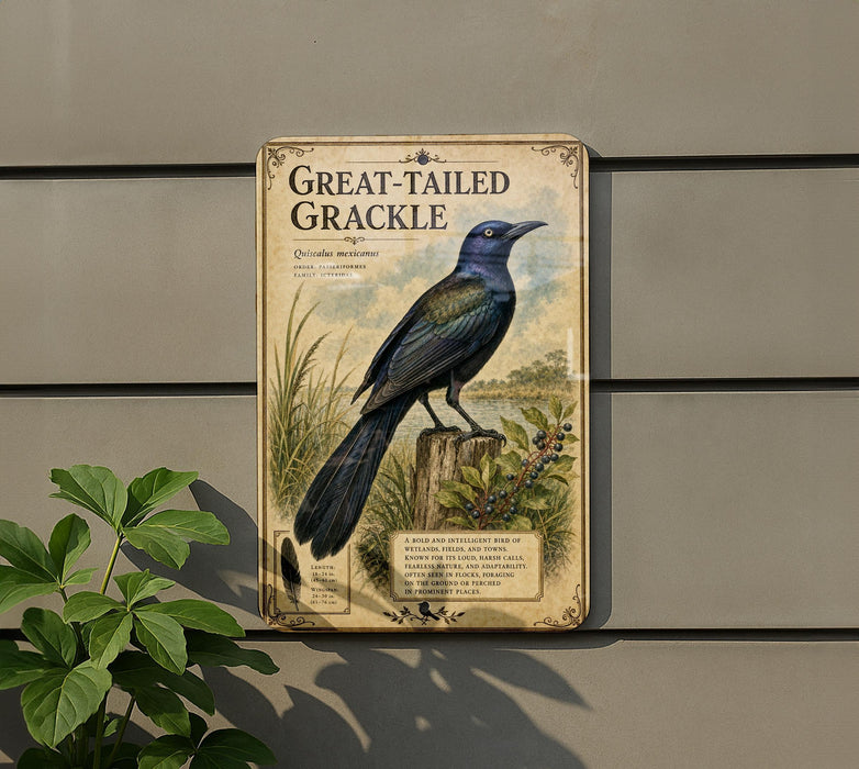 a vintage-style sign with a detailed illustration of a Great-tailed Crackle bird perched on a tree stump, surrounded by lush greenery.