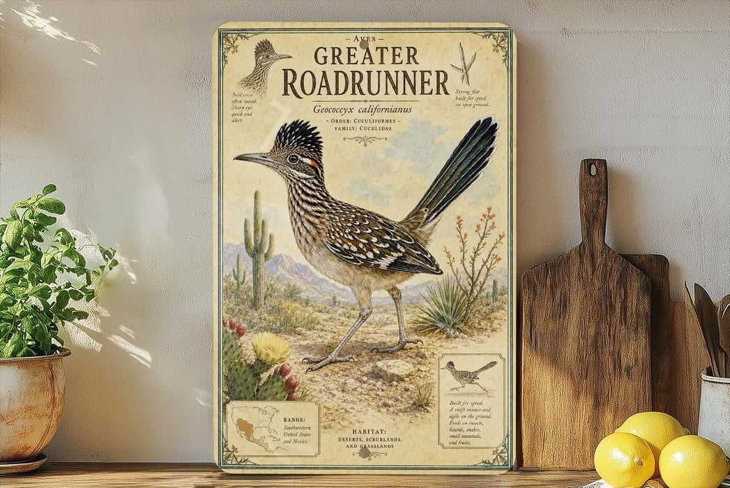 a vintage roadrunner poster on a wall, surrounded by kitchen utensils and a potted plant.
