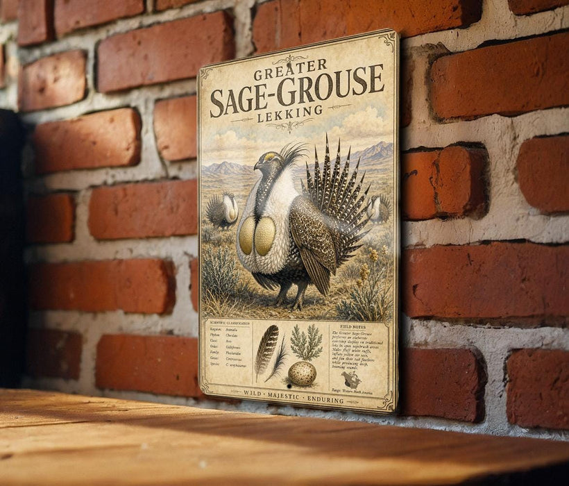 a vintage-style illustration of a Greater Sage-Grouse, a species of bird, mounted on a brick wall.