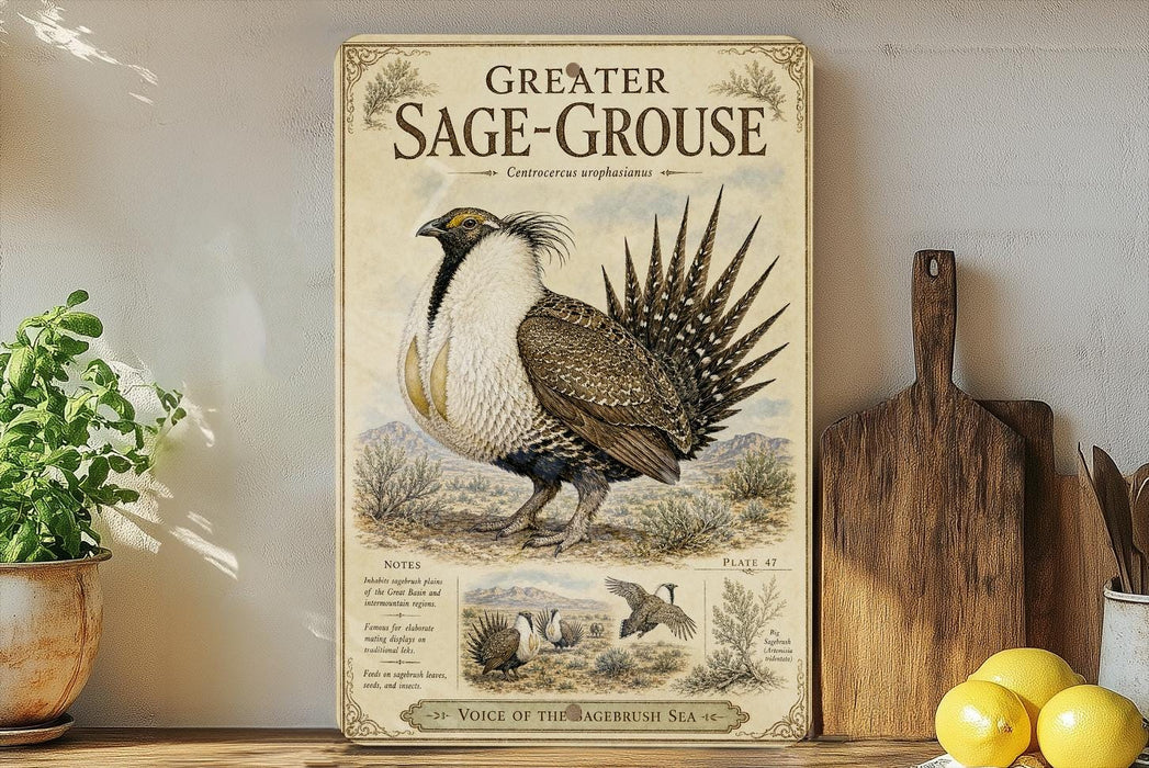 a vintage-style illustration of a Greater Sage-Grouse, a bird species, on a wooden shelf. The illustration includes detailed illustrations of the bird's physical features and habitat.