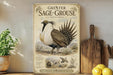 a vintage-style illustration of a Greater Sage-Grouse, a bird species, on a wooden shelf. The illustration includes detailed illustrations of the bird's physical features and habitat.