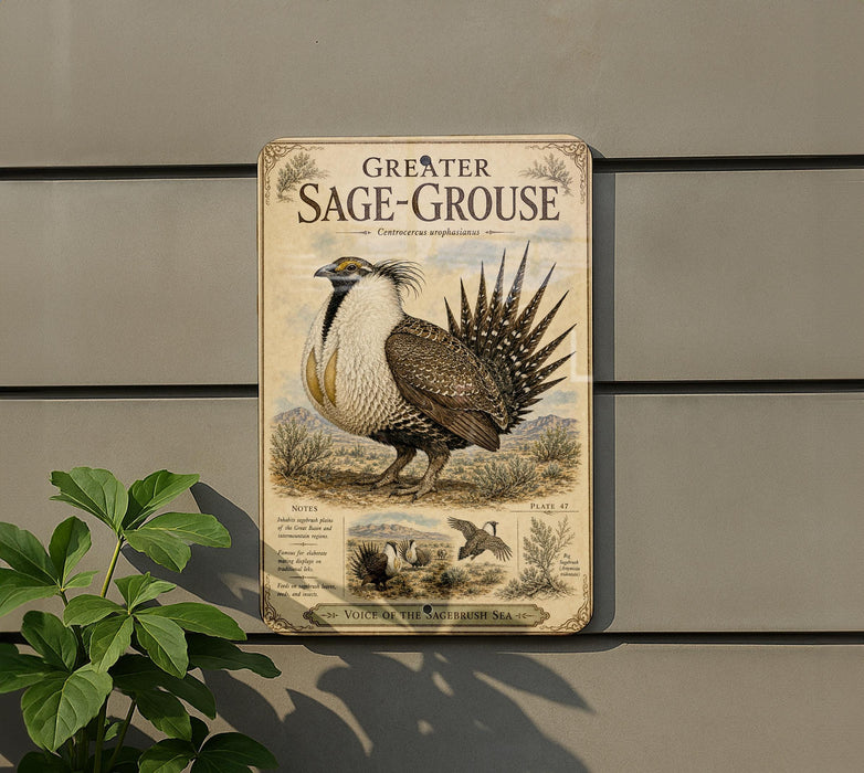 a vintage-style metal sign with an illustration of a Greater Sage-Grouse, a bird species, mounted on a wall.