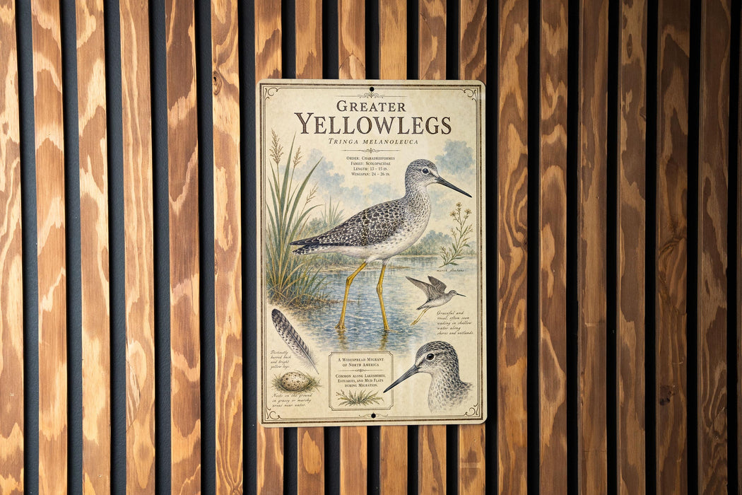 a metal sign with illustrations and text about greater yellow legs, mounted on a wooden wall.