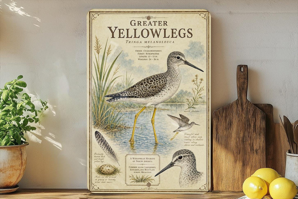 a vintage-style illustration of a Greater Yellowlegs bird, with detailed illustrations and text providing information about the bird species.