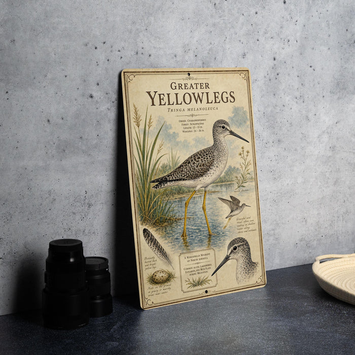 a vintage-style metal sign with illustrations and text about greater yellow legs, placed on a table next to some black camera lenses.