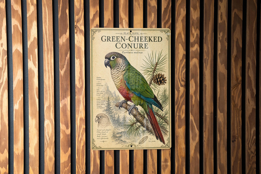 A poster of a green-cheeked conure parrot is displayed on a wooden wall.