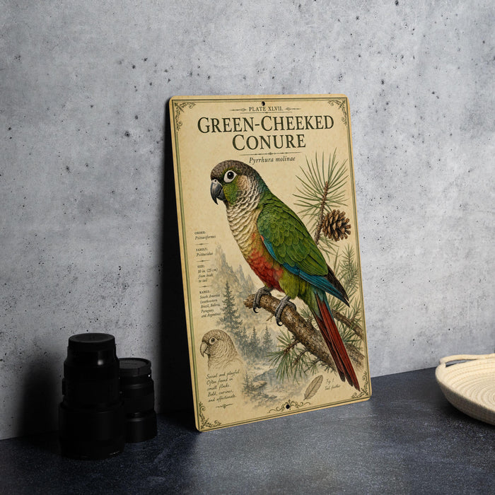 a vintage-style illustration of a green-cheeked conure parrot perched on a branch, with pine cones and other natural elements surrounding it.