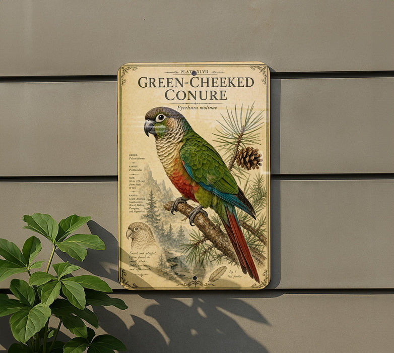 A vintage-style metal plaque with a colorful illustration of a green-cheeked conure parrot perched on a branch, surrounded by pine cones and foliage.