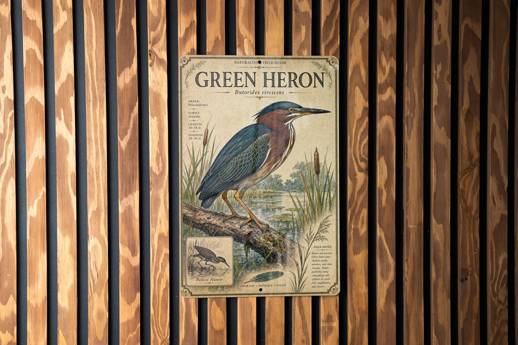 A vintage-style poster of a heron, featuring a detailed illustration of the bird and its natural habitat, is displayed on a wooden wall.