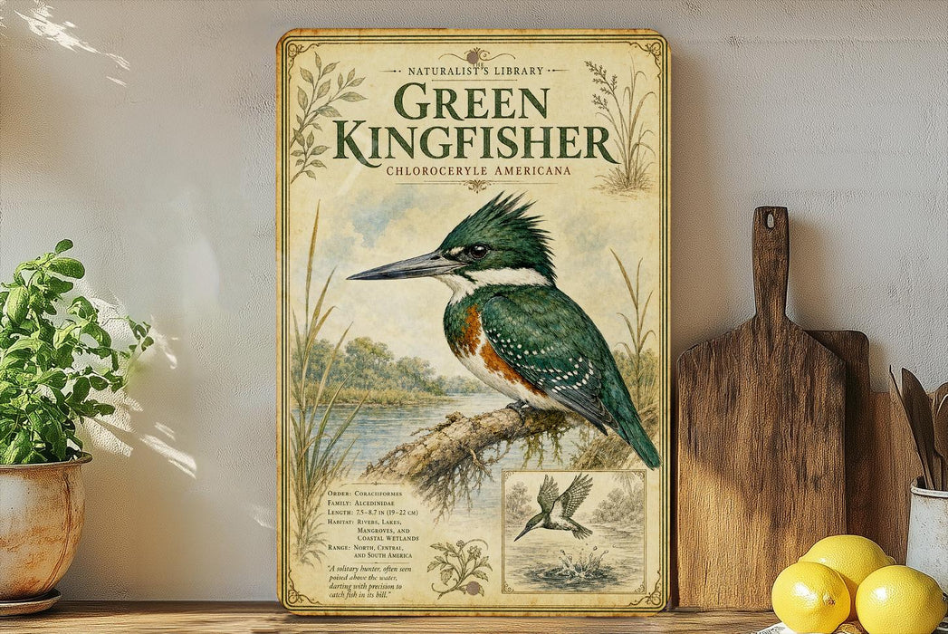 A vintage-style poster of a green kingfisher bird is displayed on a shelf, surrounded by kitchen utensils and a potted plant.