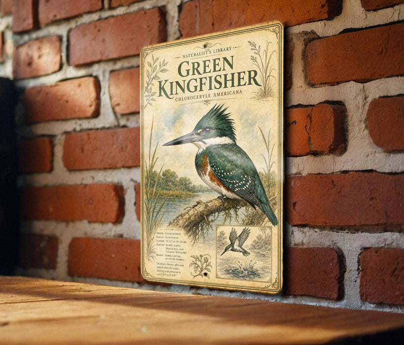 A vintage-style poster of a kingfisher bird is displayed on a brick wall, with a wooden table below it.