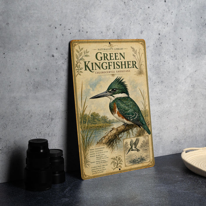 A vintage-style metal sign featuring an illustration of a green kingfisher bird, with text indicating it is from the National Library of the United States.