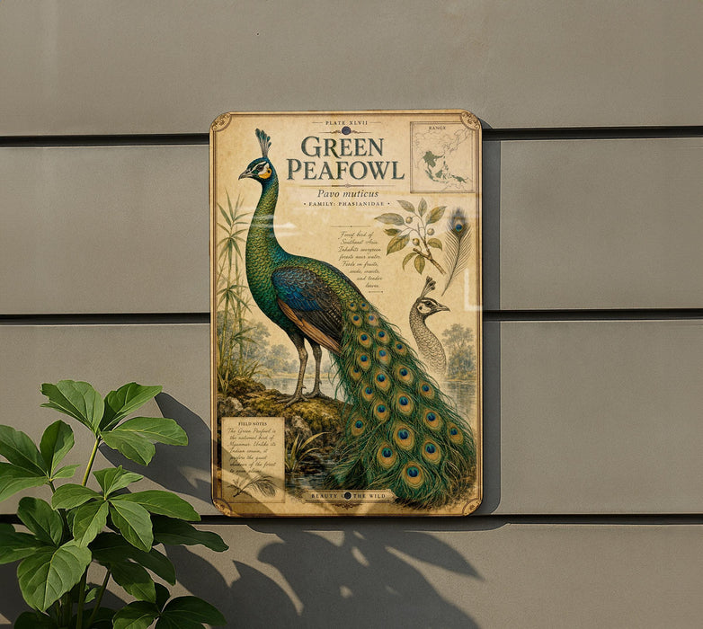 a vintage-style illustration of a peacock, with detailed botanical illustrations and text providing information about the bird.