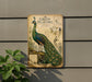 a vintage-style illustration of a peacock, with detailed botanical illustrations and text providing information about the bird.
