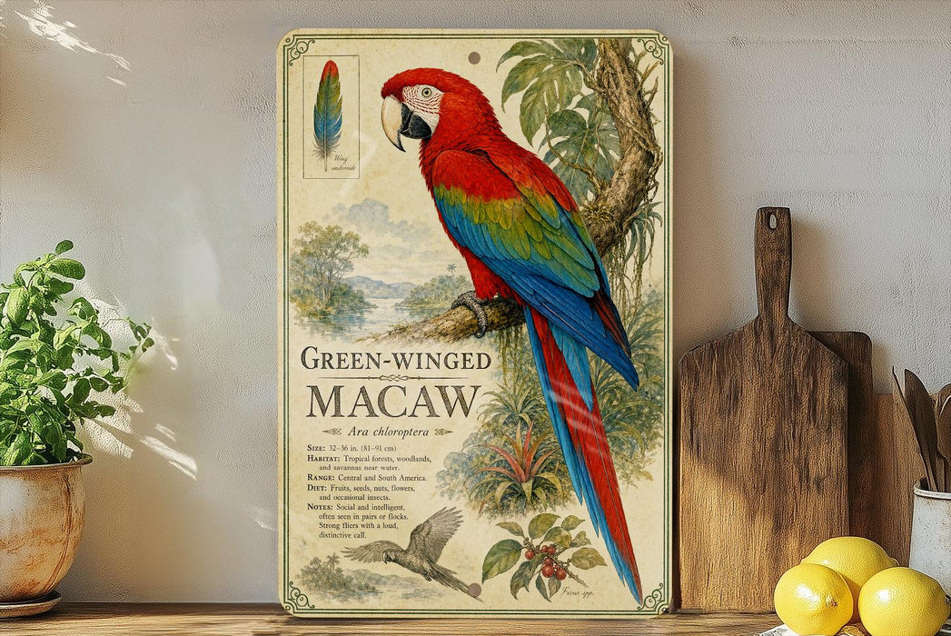 A vintage-style metal sign featuring a colorful macaw perched on a branch, with a detailed illustration of the bird and its natural habitat.