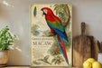 A vintage-style metal sign featuring a colorful macaw perched on a branch, with a detailed illustration of the bird and its natural habitat.