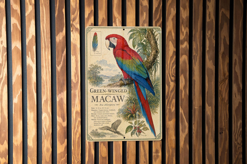 A metal sign with a colorful parrot illustration and text, mounted on a wooden wall.