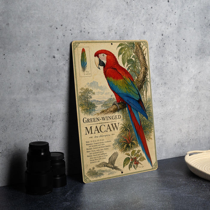 A vintage-style metal sign featuring a colorful parrot, with text and illustrations, is displayed on a gray countertop next to a stack of black camera lenses.