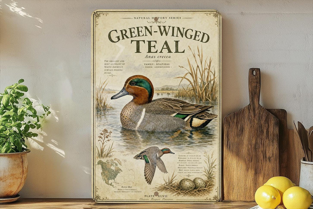 The image is a framed poster of a green-winged teal duck, featuring illustrations and text about the species.