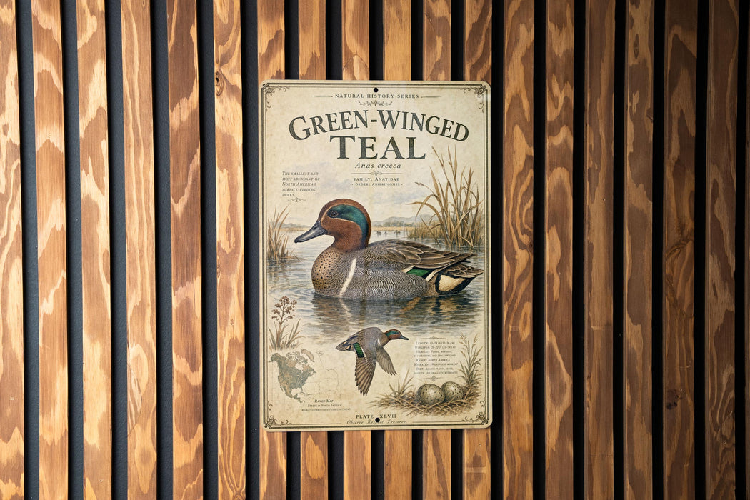 A vintage-style metal sign with an illustration of a teal duck, mounted on a wooden wall.