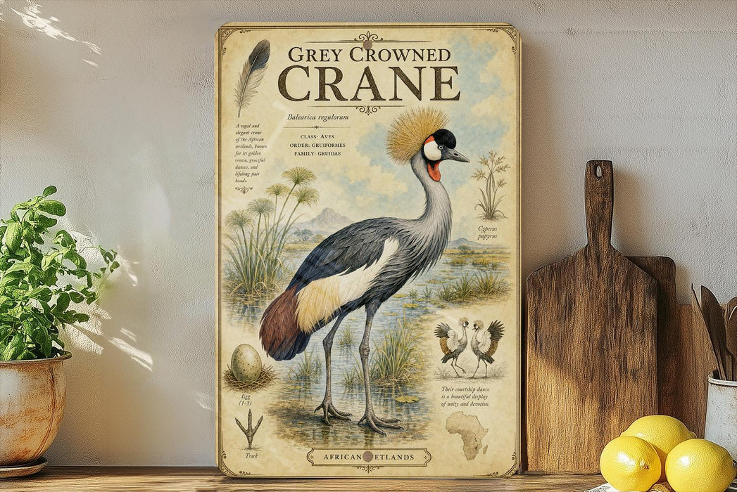 a vintage-style illustration of a grey crowned crane, a large wading bird, standing on a wooden surface. The illustration includes various details about the crane, such as its size, color, and habitat. The background of the illustration depicts a natural setting with grass, water, and other wildlife elements. The image also includes a list of the crane's characteristics and features, such as its long neck, large beak, and distinctive crest.