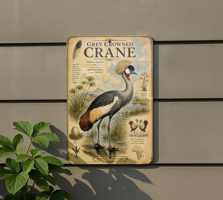 a grey and white bird, possibly a crane, standing in a natural setting with plants and water.