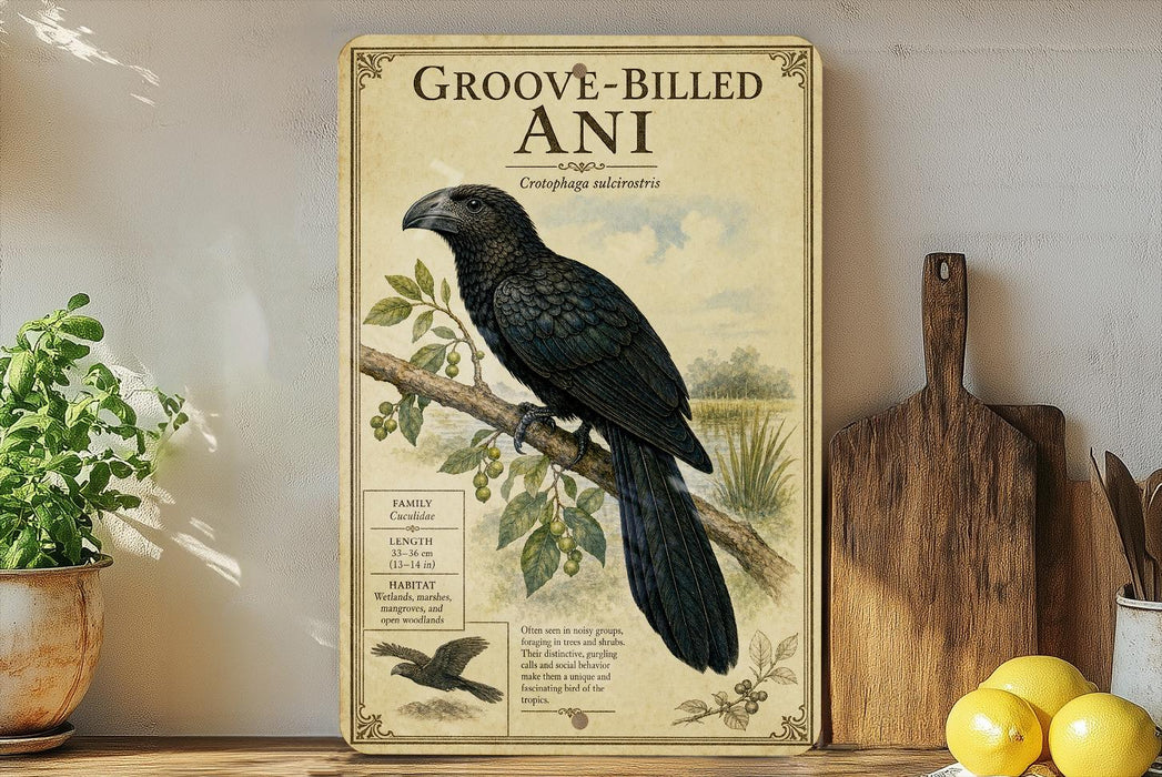 a vintage-style poster of a black crow perched on a branch, with a detailed illustration and text providing information about the bird.