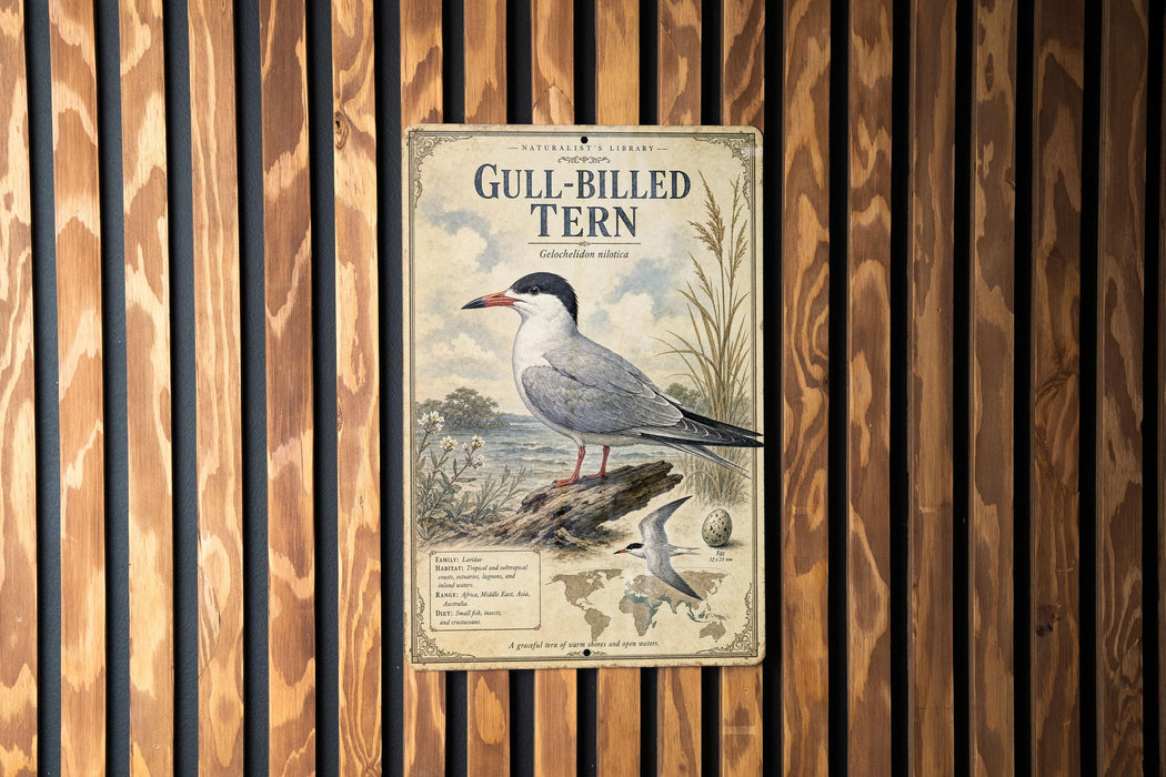 a vintage-style metal plaque with a detailed illustration of a gull-billed tern, mounted on a wooden wall.