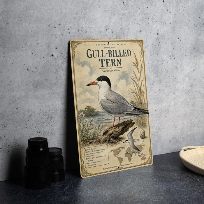 a vintage-style metal plate with a detailed illustration of a gull-billed tern, a type of seabird, perched on a rock. The plate is placed on a table next to a stack of black camera lenses and a woven basket.