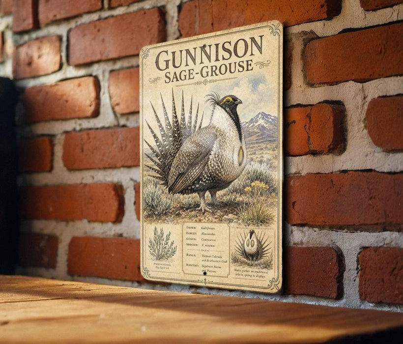 A metal sign with a detailed illustration of a Gunnison Sage-Grouse, a bird species, mounted on a brick wall.