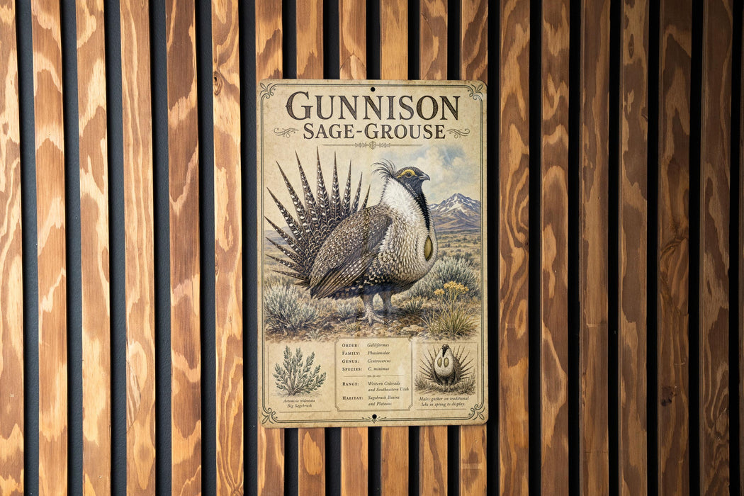 A metal sign with a picture of a bird, labeled "Gunnison Sage-Grouse", is mounted on a wooden wall.