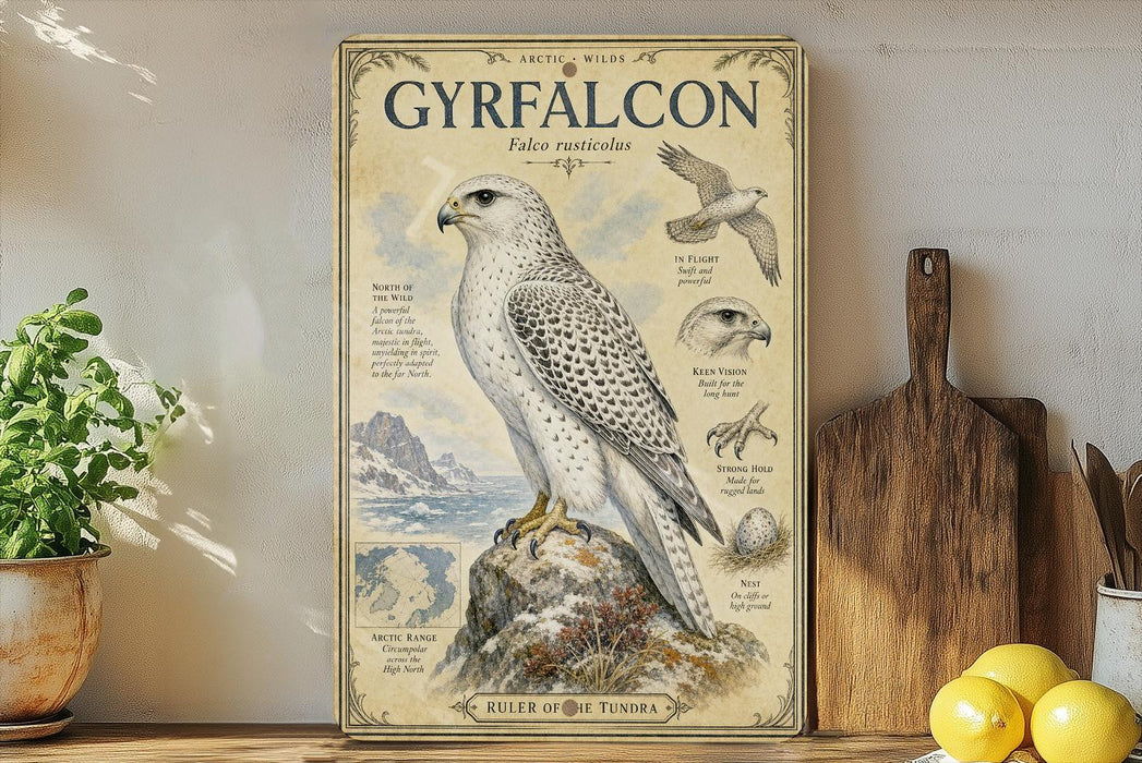 a poster of a white bird, likely a falcon, with various illustrations and text about the bird, placed on a shelf next to a wooden cutting board and some potted plants.