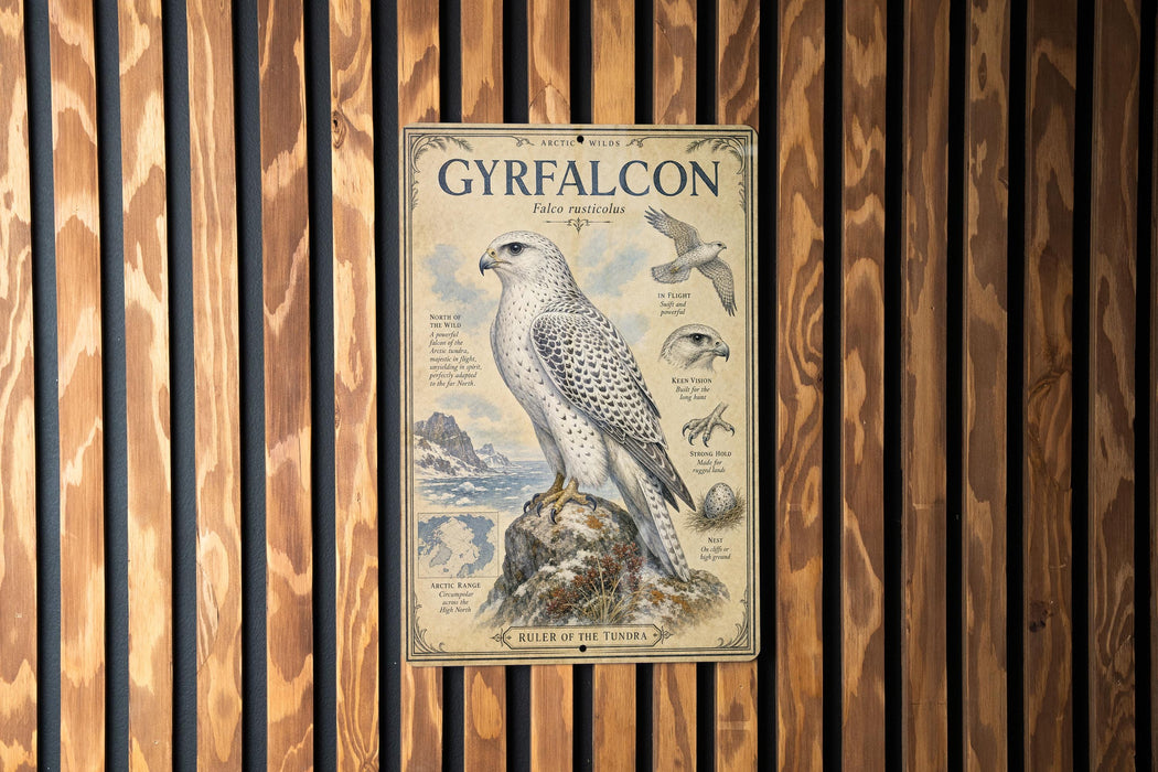 a poster of a white bird, possibly a falcon, with detailed illustrations and text.