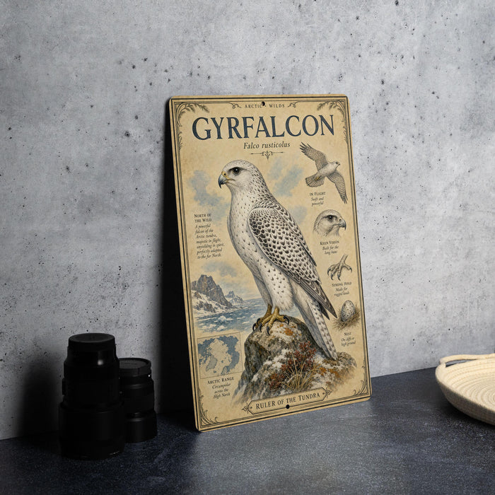 a framed illustration of a white bird, likely a falcon, perched on a rock. The bird is depicted in a detailed and realistic manner, showcasing its physical features and natural habitat. The framed artwork is placed on a table, surrounded by various objects such as a camera, a bowl, and a plate. The overall scene appears to be a display of wildlife photography or an artistic representation of the natural world.