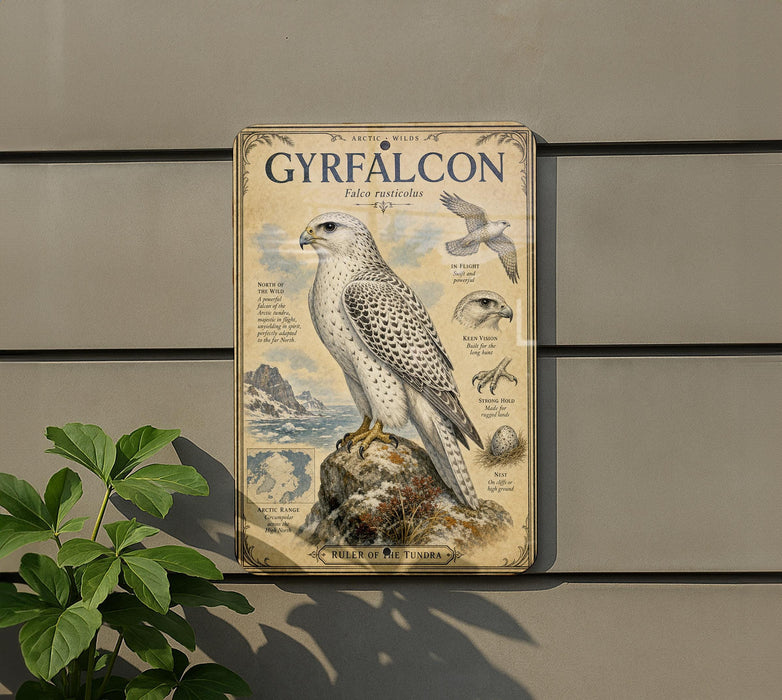 a sign with a detailed illustration of a white and black bird, likely a falcon, perched on a rock. The sign is mounted on a wall and is surrounded by greenery, including a plant.
