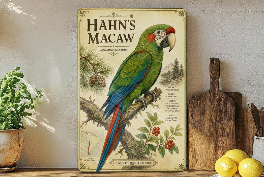 A vintage-style poster of a colorful parrot, specifically a macaw, is displayed on a wall next to a wooden cutting board and some potted plants.
