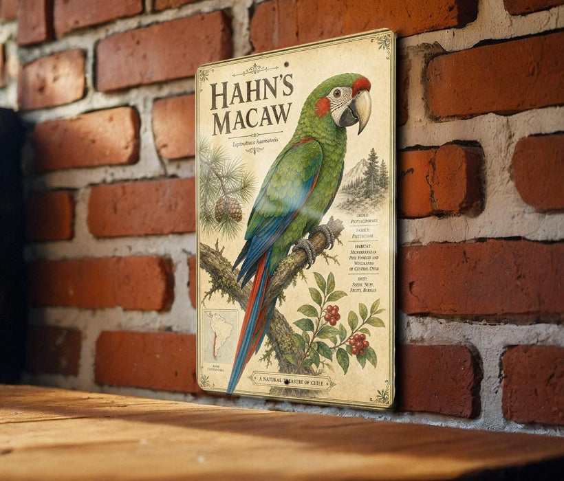 A vintage-style metal sign featuring a colorful parrot perched on a branch, with text and illustrations related to the macaw.