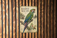 A vintage-style poster of a macaw parrot is displayed on a wooden wall.