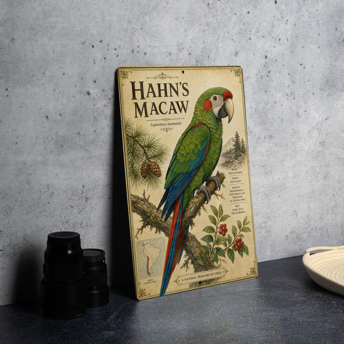 A vintage-style metal sign featuring a colorful parrot, pine cones, and other natural elements, with the text "Hahn's Macaw" prominently displayed.