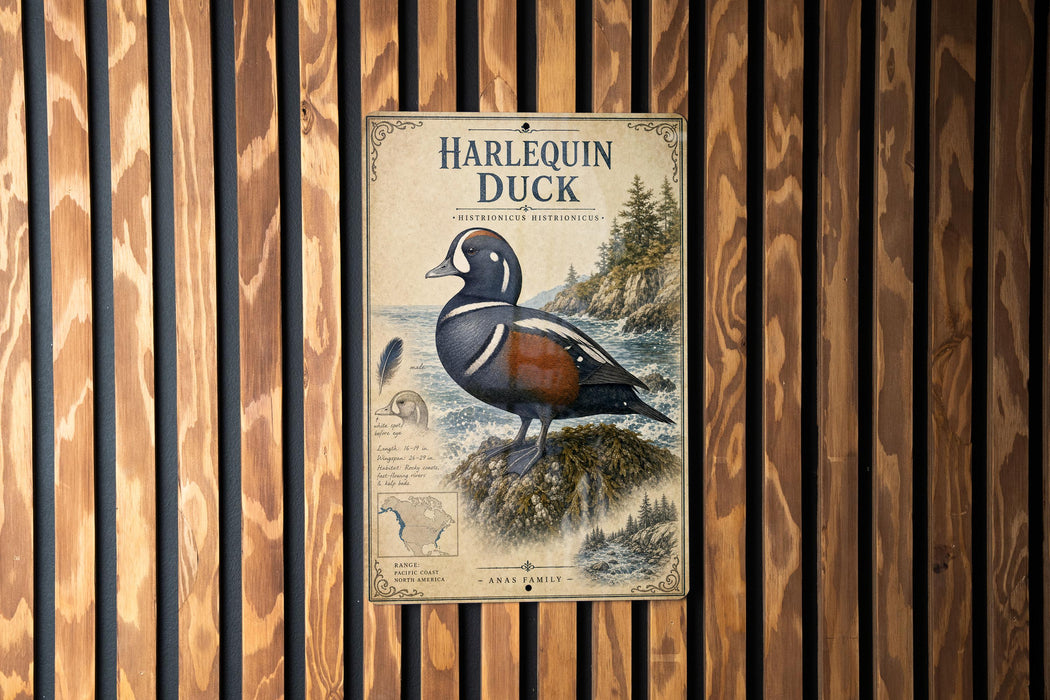 A vintage-style poster of a Harlequin Duck is displayed on a wooden wall.